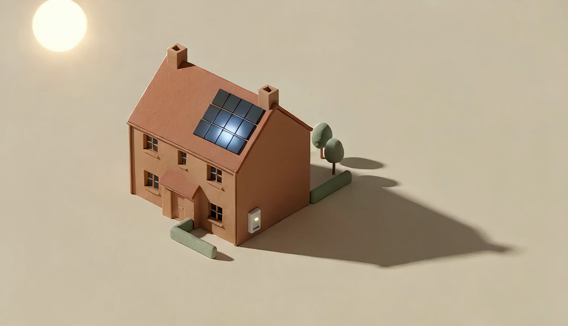 A clay model of a house in midday sun, solar panels on the roof and a battery on the wall beside the door