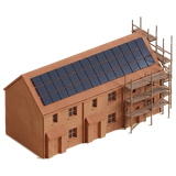 A terrace of clay houses under scaffolding with solar panels