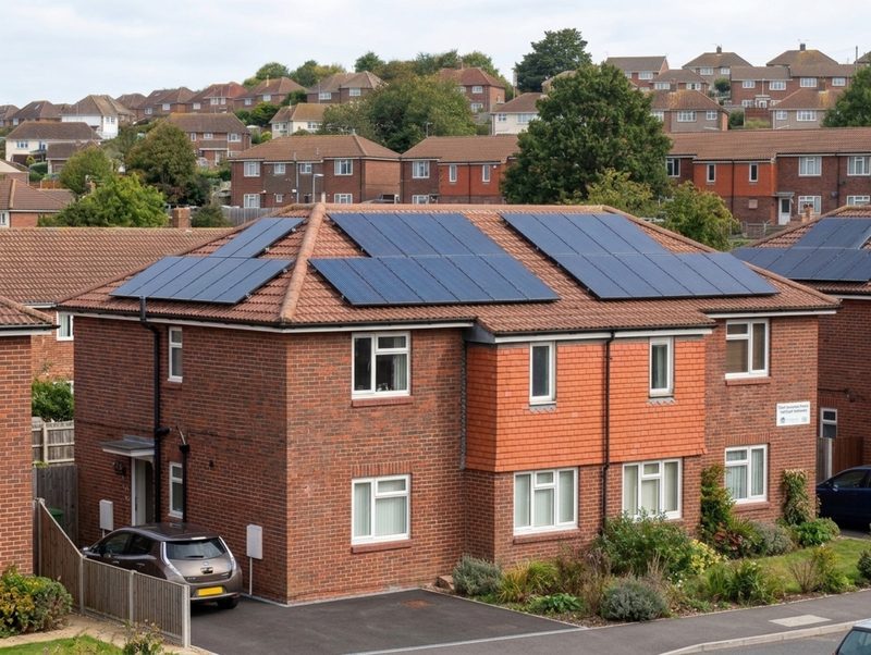 A row of council houses fitted with rooftop solar panels