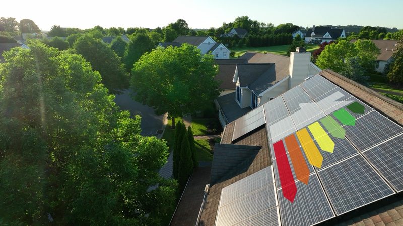 New homes at dusk with rooftop solar and lit interiors