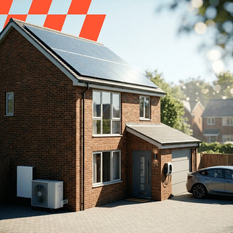 A street of new homes at dusk with lit windows and rooftop solar