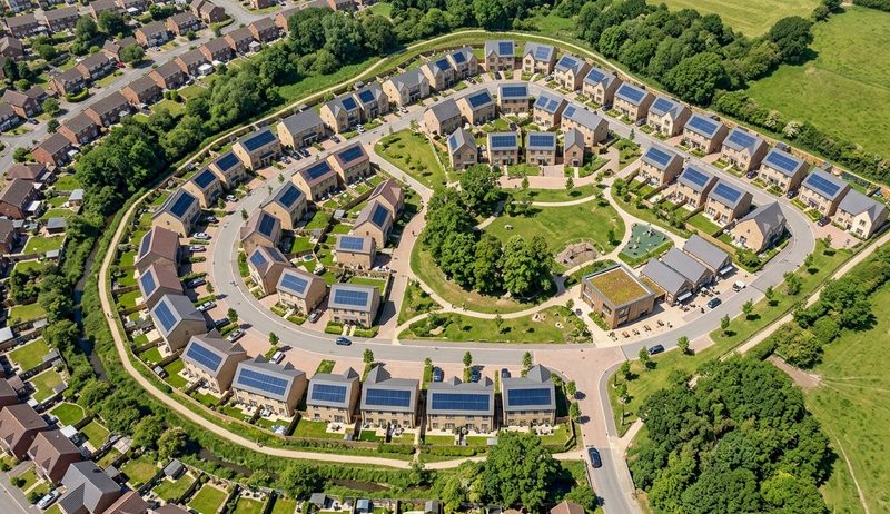 A row of new build homes with solar panels across every roof