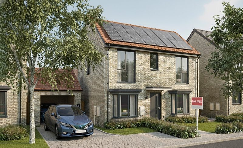 A terrace of new homes with solar panels fitted across the roofline