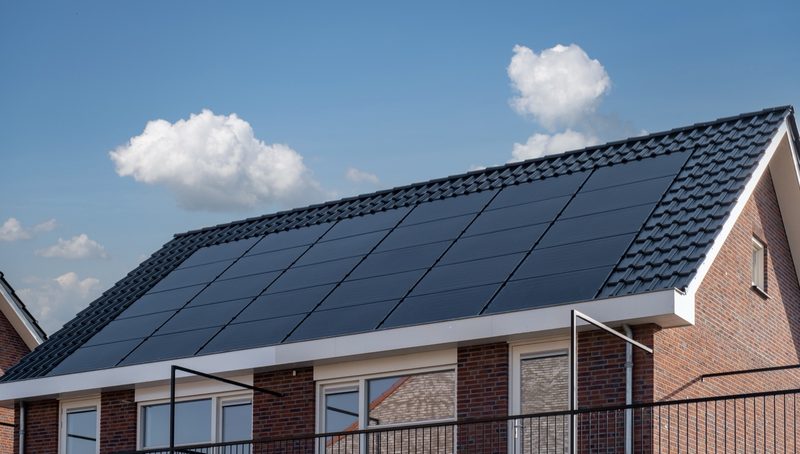 Solar panels being fitted to a pitched tiled roof