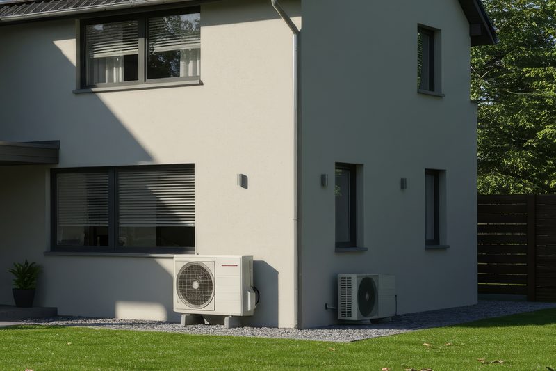 Two air source heat pump units on a gravel base against the side wall of a new house