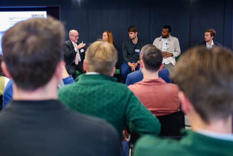 The second panel at the briefing, left to right Jamie Bursnell, Sarah Turpin, Wouter Thijssen, Mohamed Gaafar and James Haikney