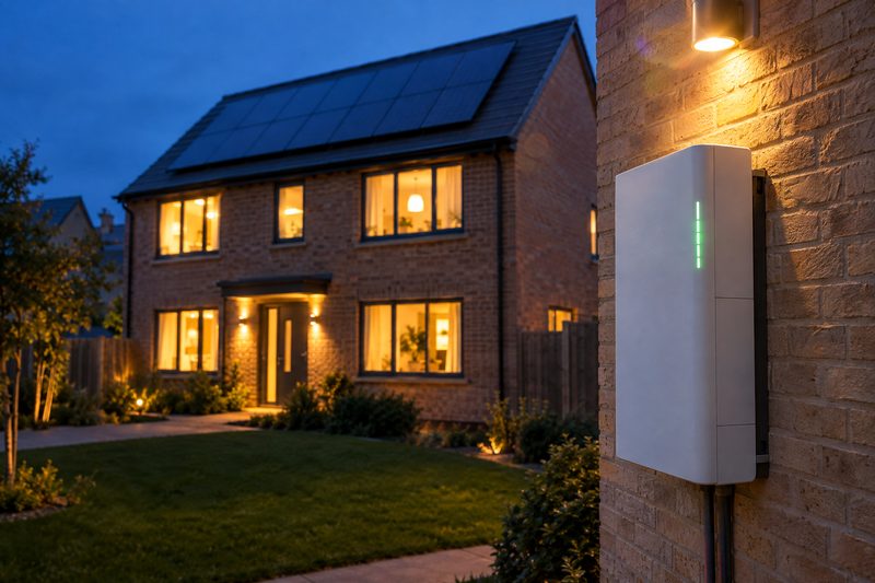A home battery on the side wall of a new brick house at dusk, its status light on, with the lit house and its solar roof behind