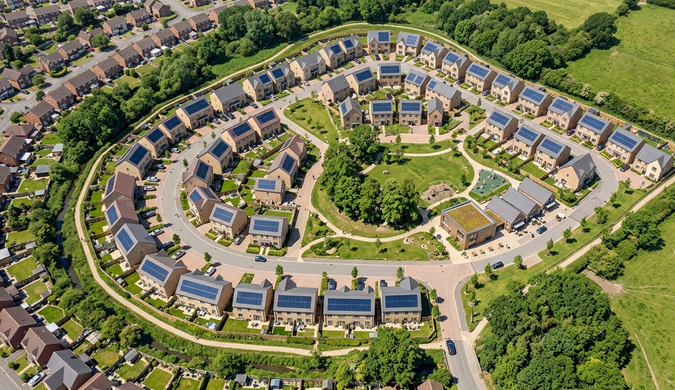 A row of new build homes with solar panels across every roof