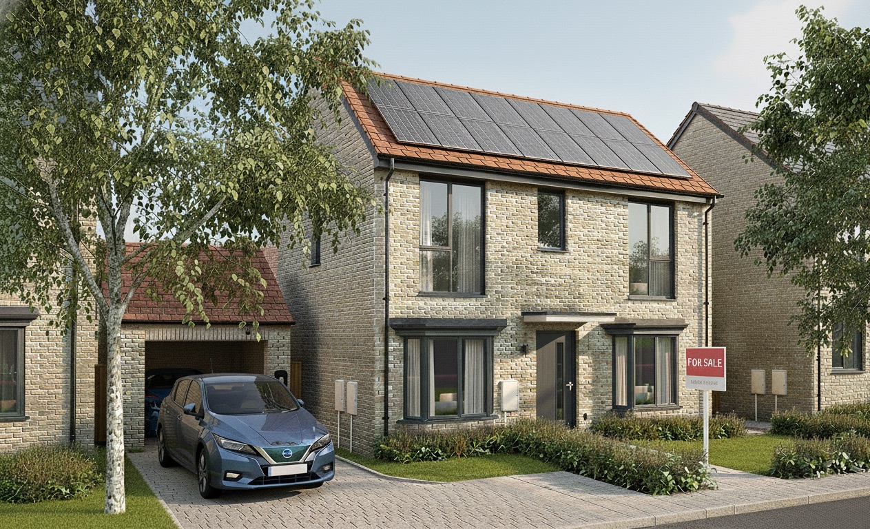 A terrace of new homes with solar panels fitted across the roofline