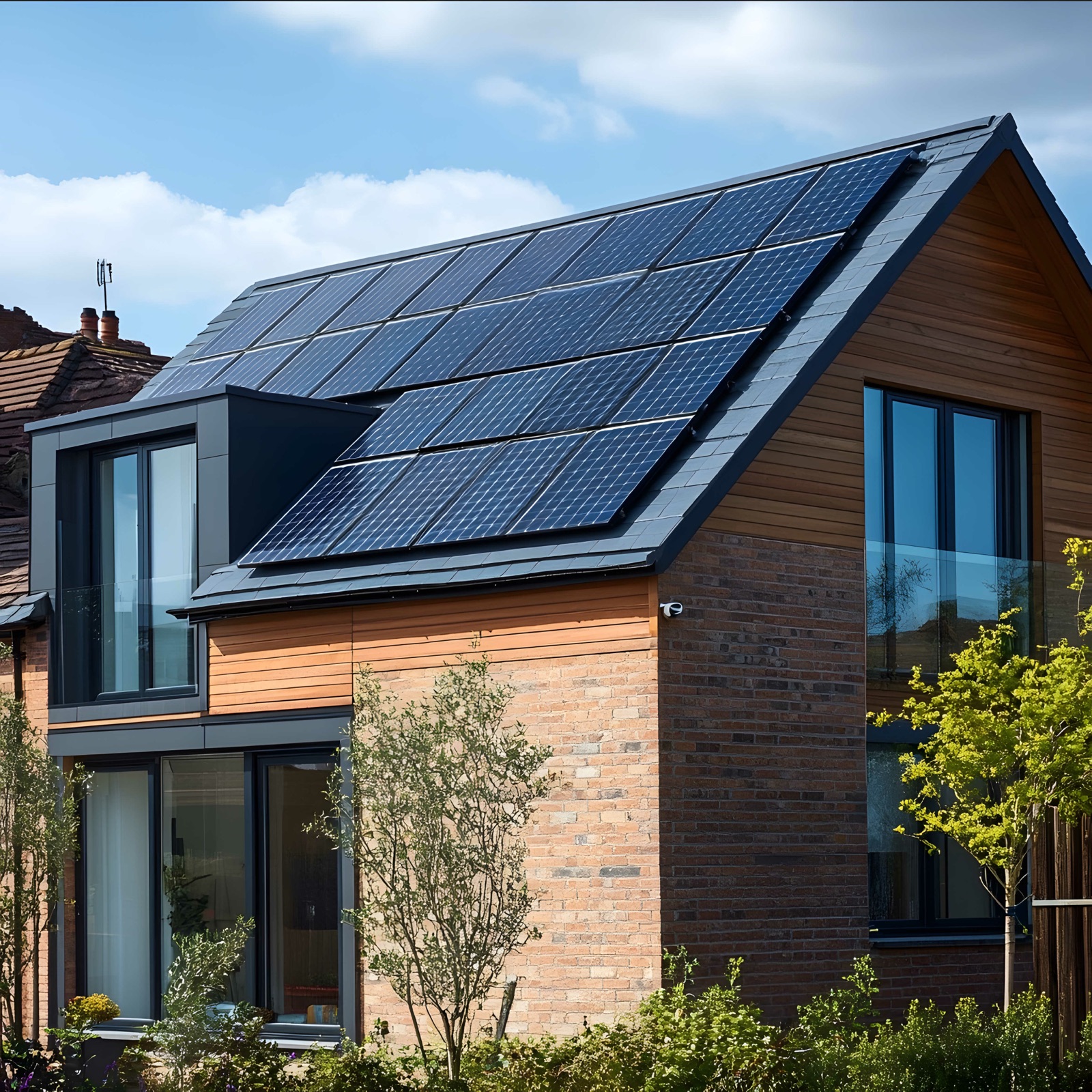 A new build house with solar panels, photographed from above the roofline