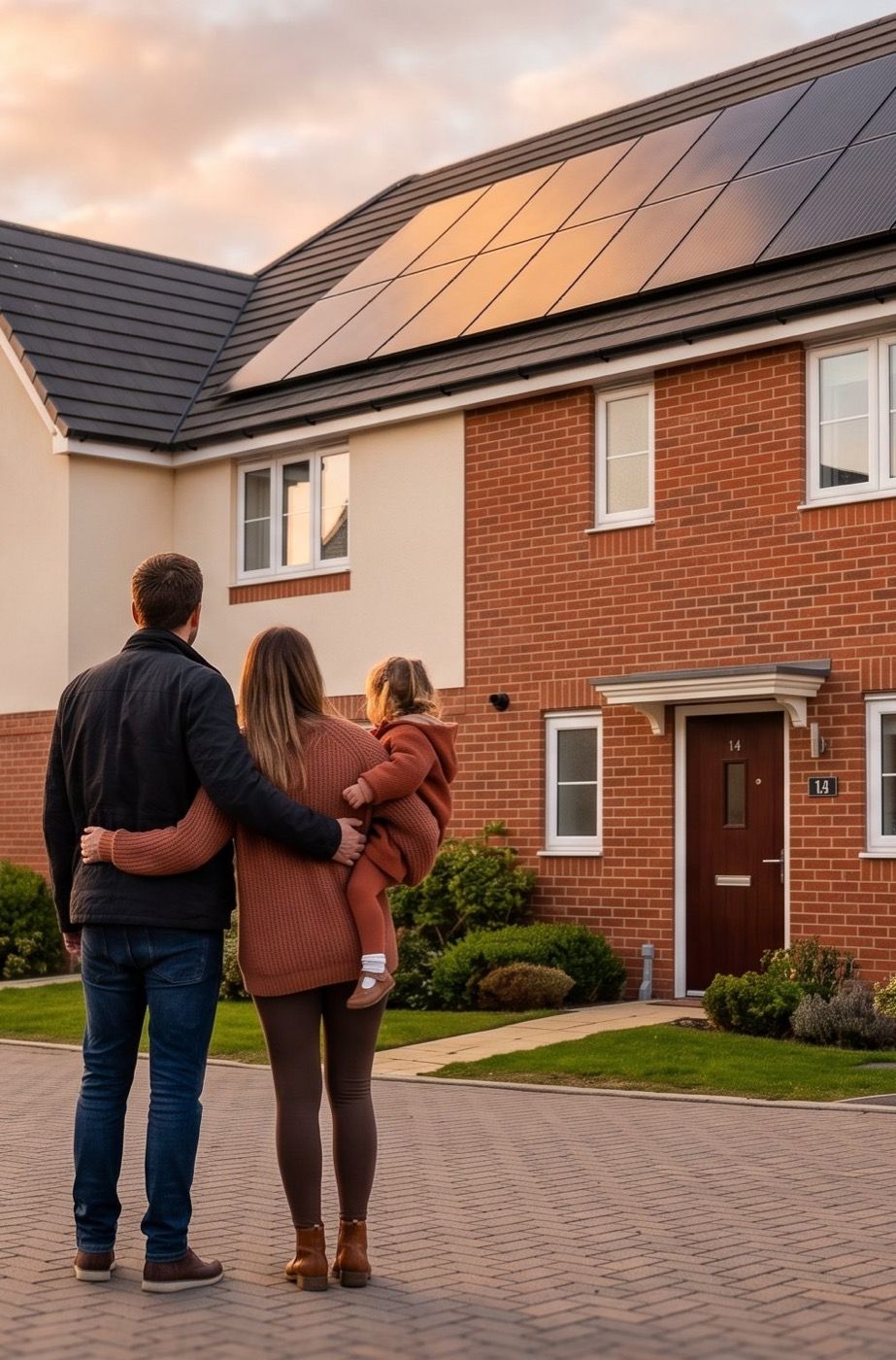 A family standing outside a home with solar panels on the roof