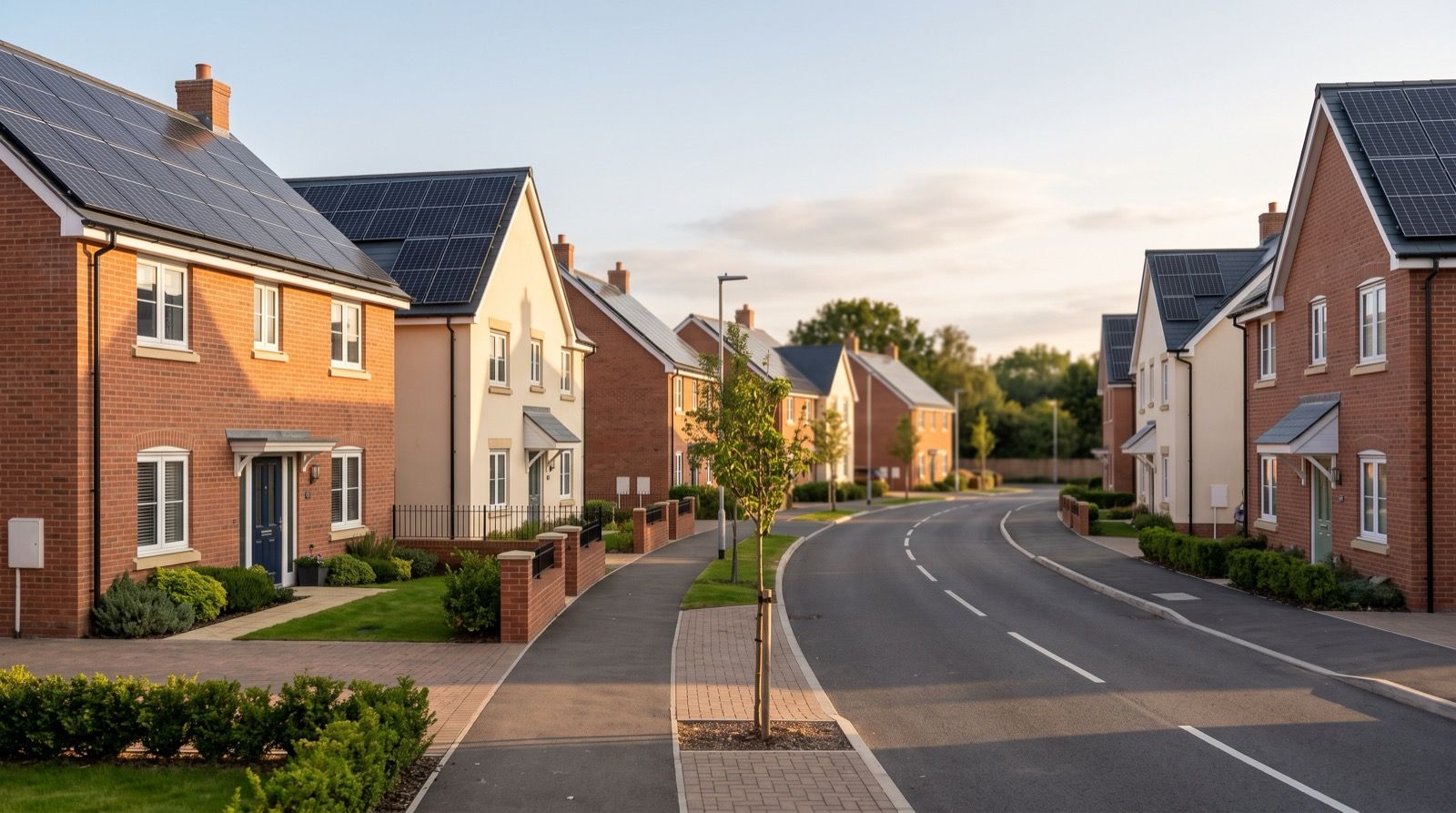 A row of new build homes with solar panels across every roof