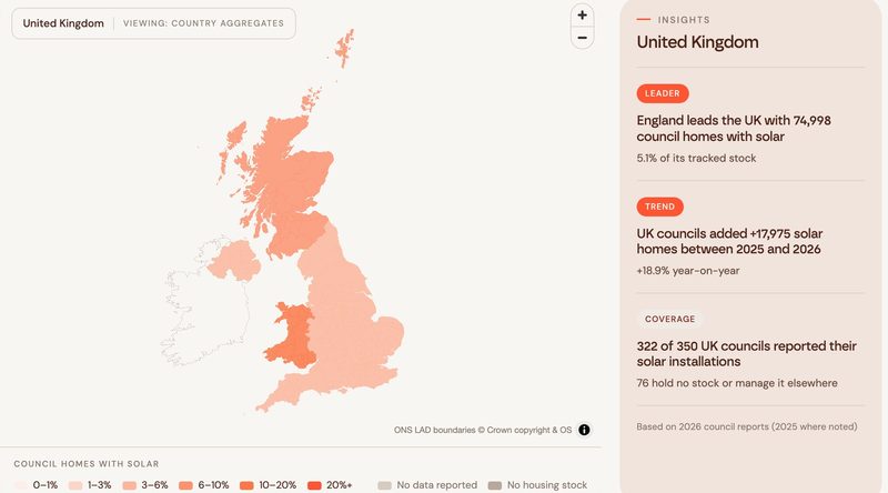 The Council Solar Index map of the UK, shaded by council homes with solar