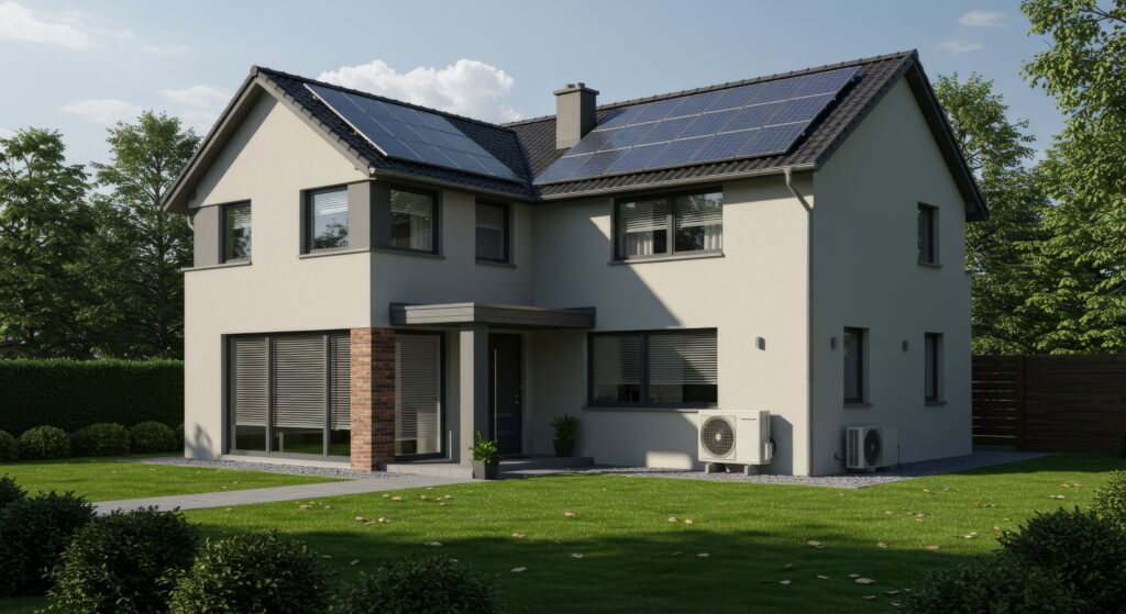 Modern Home Living with Solar and Heat Pump - Sustainable home design, showcasing solar panels, heat pump, energy efficiency, and modern architecture. Eco-friendly living, renewable energy