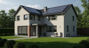 Modern Home Living with Solar and Heat Pump - Sustainable home design, showcasing solar panels, heat pump, energy efficiency, and modern architecture. Eco-friendly living, renewable energy