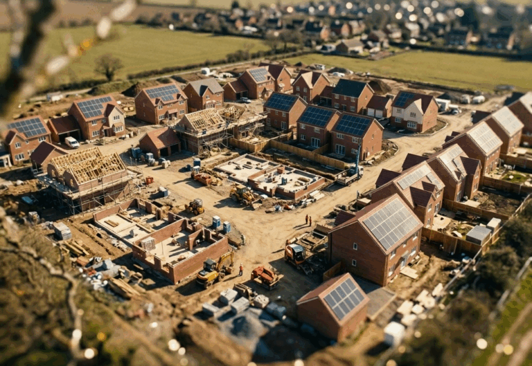 small to medium sized constriction site of new build houses in the suburbs
